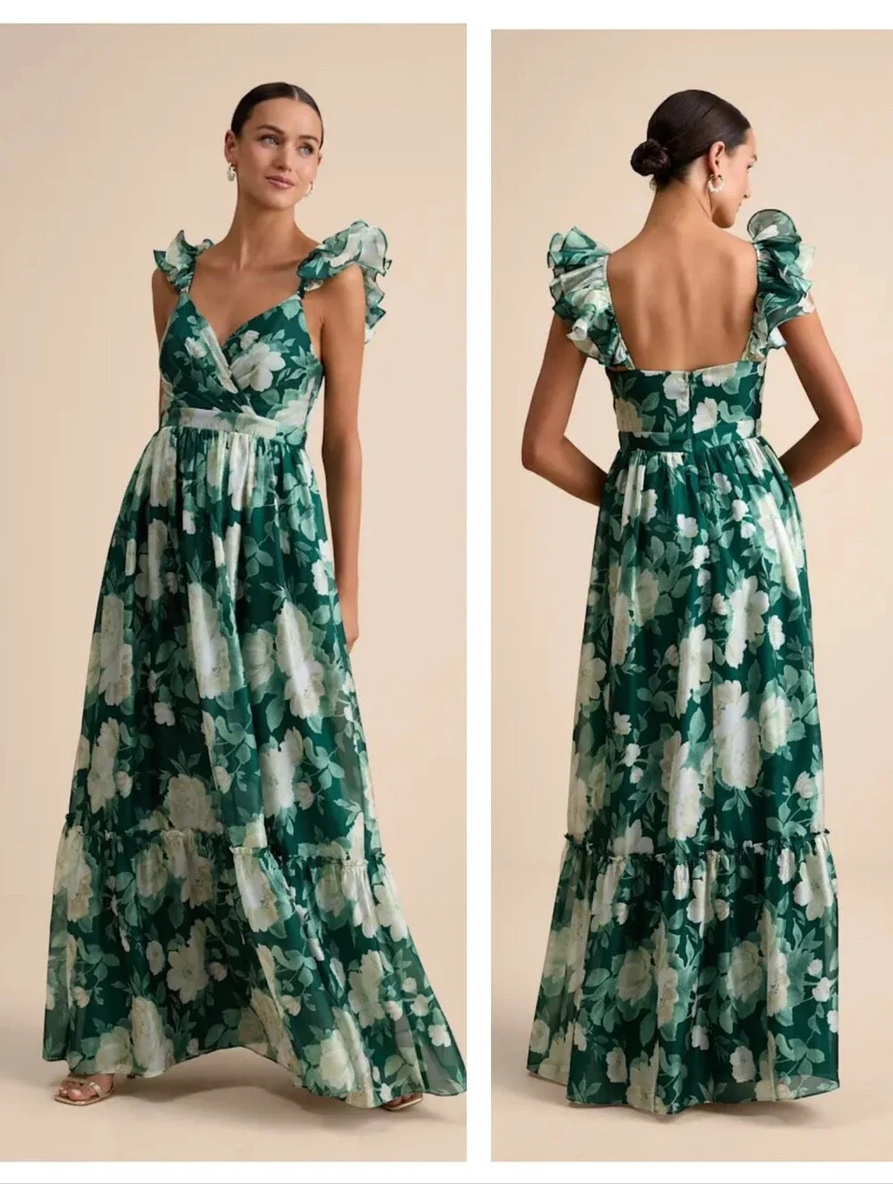 Lulus Soiree Perfection Green Floral Ruffled Tiered Maxi Dress Green Size Large